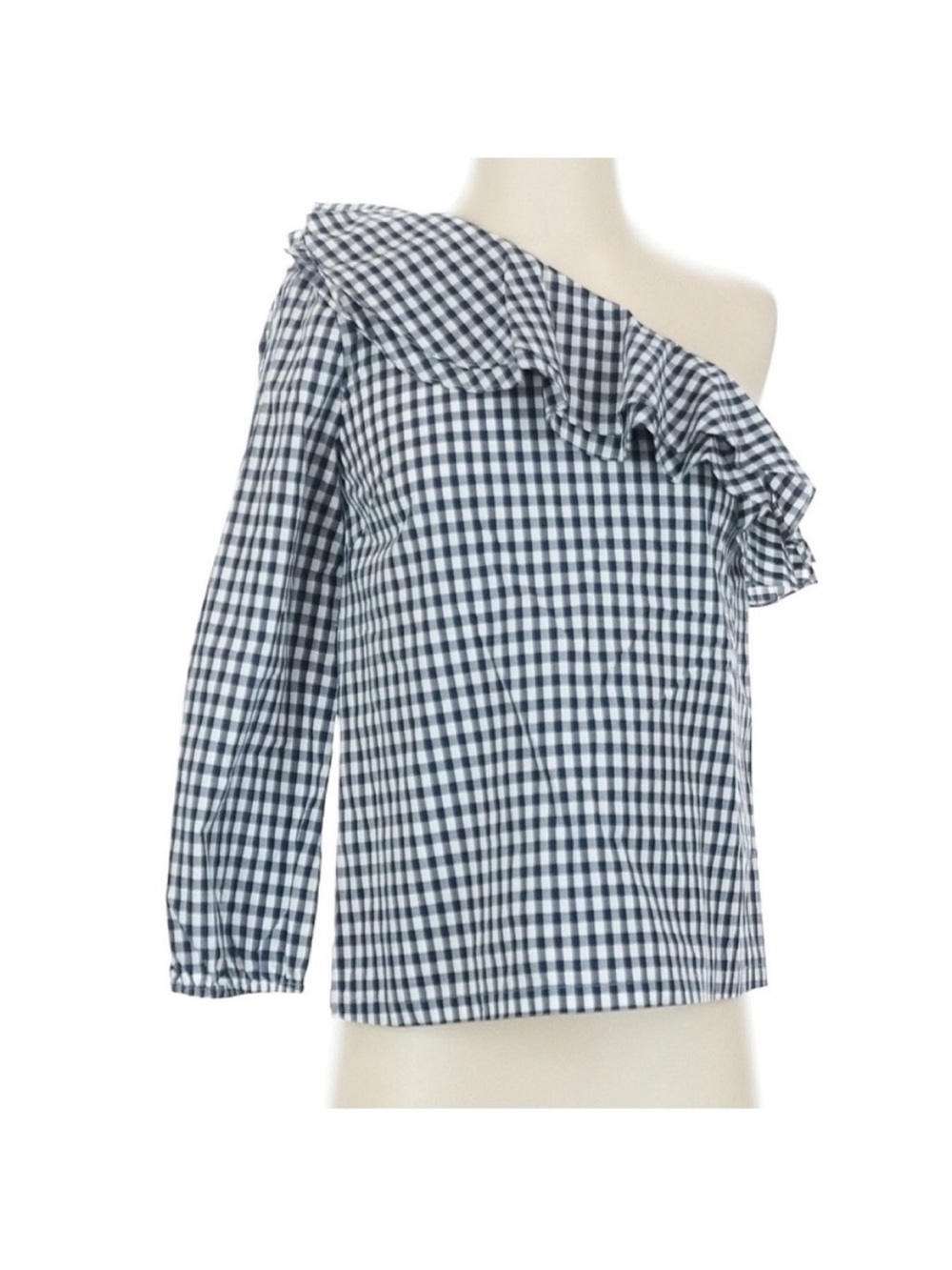 J.Crew One Shoulder Ruffle Top Gingham Navy White Size 0 NWT Summer Date Night - Picture 2 of 6